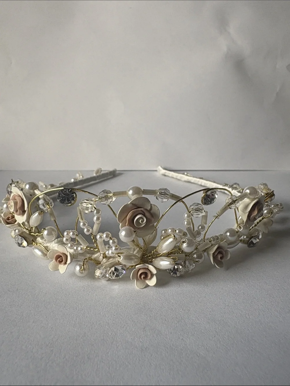 David’s Bridal Pearl & Rose Gold Floral Headband Tiara